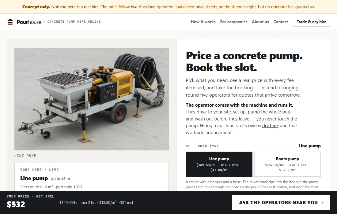 Pourhouse pump hire configurator